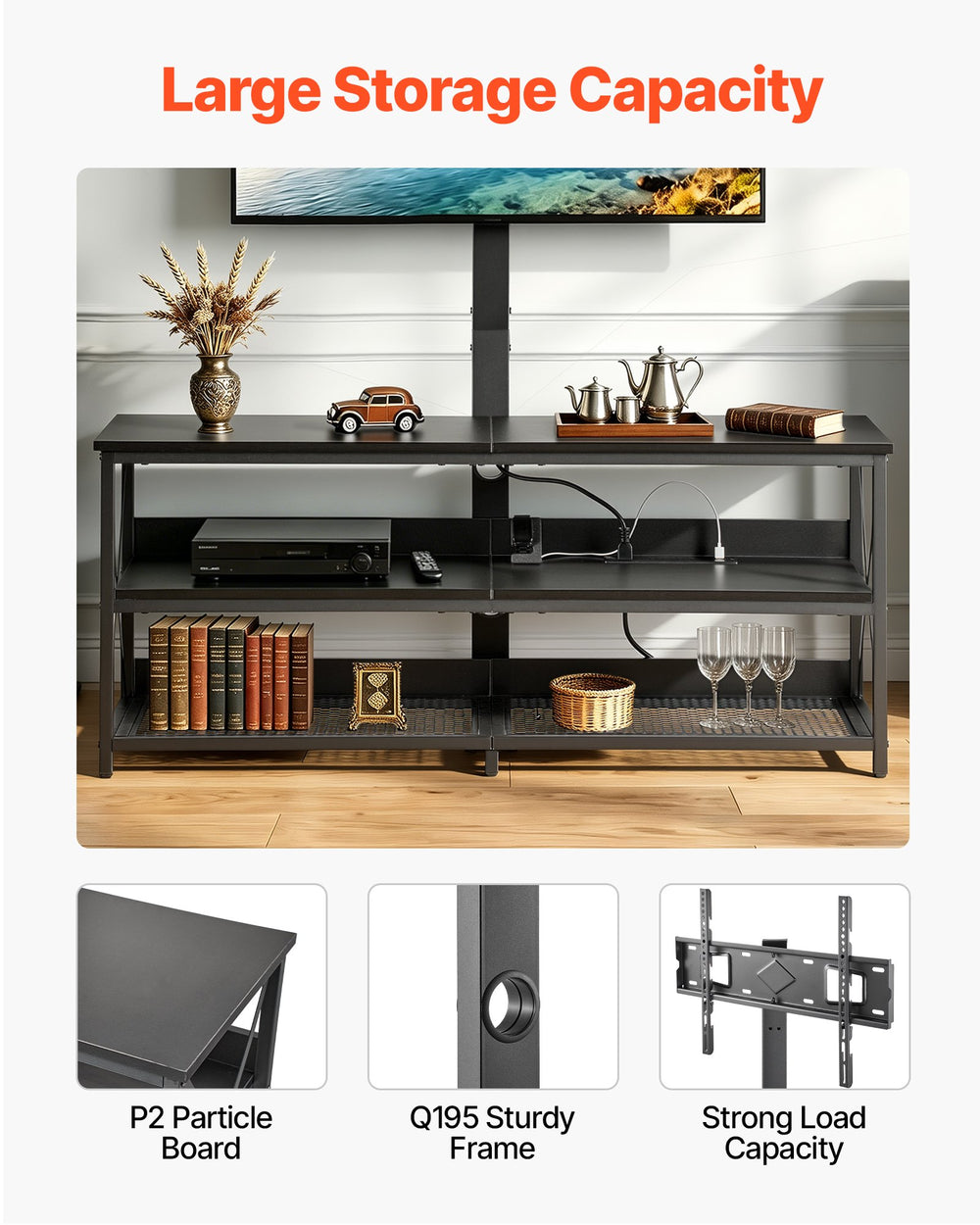 VEVOR TV Stand with Mount, 47.2 Inch, TV Stand Console with Power Outlet, for 32-75 Inch TVs, Height Adjustable Swivel Entertainment Center with Open Storage Shelf, for Living Room Bedroom, Black
