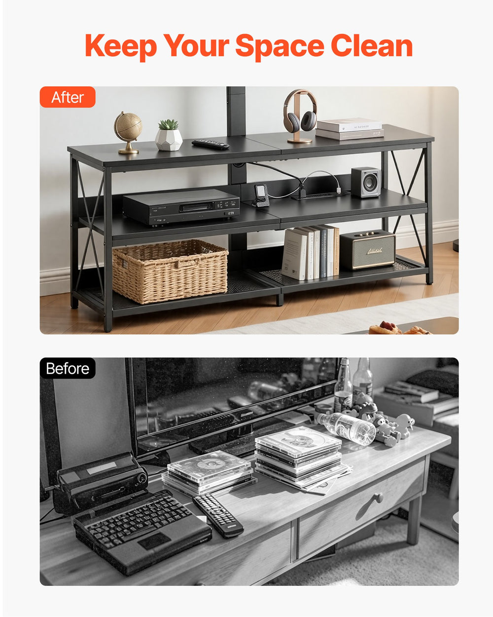 VEVOR TV Stand with Mount, 47.2 Inch, TV Stand Console with Power Outlet, for 32-75 Inch TVs, Height Adjustable Swivel Entertainment Center with Open Storage Shelf, for Living Room Bedroom, Black