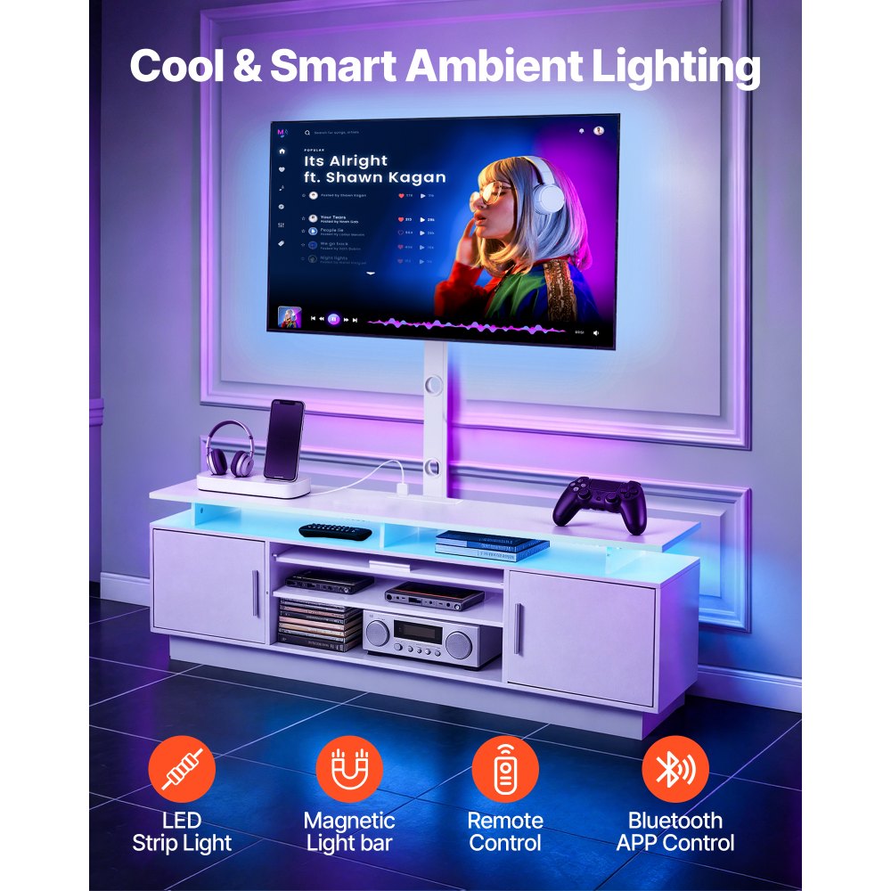 VEVOR TV Stand with Mount, 59.1 Inch, Swivel TV Stand Console with Power Outlet, for 32-75 Inch TVs, Height Adjustable Modern Entertainment Center with Storage & LED Lights, for Living Room, White