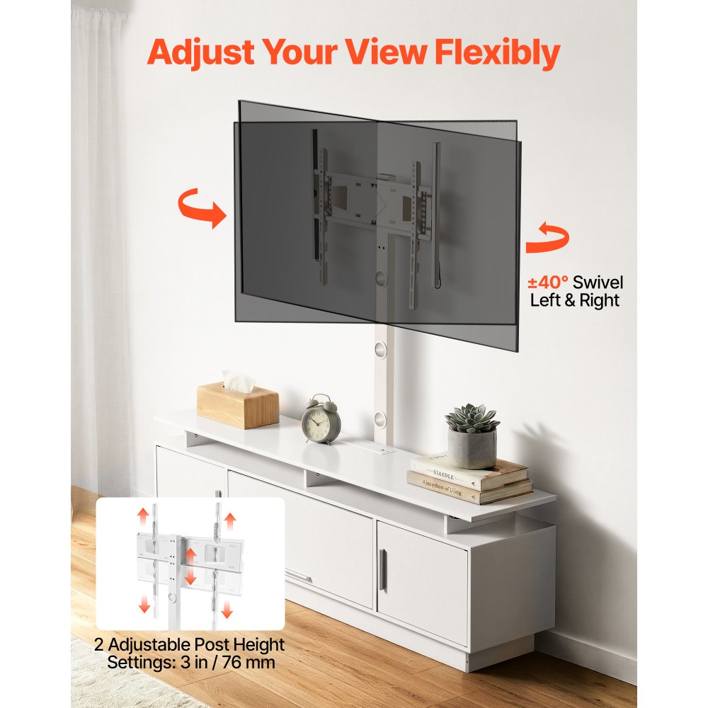 VEVOR TV Stand with Mount, 59.1 Inch, Swivel TV Stand Console with Power Outlet, for 32-75 Inch TVs, Height Adjustable Modern Entertainment Center with Storage & LED Lights, for Living Room, White