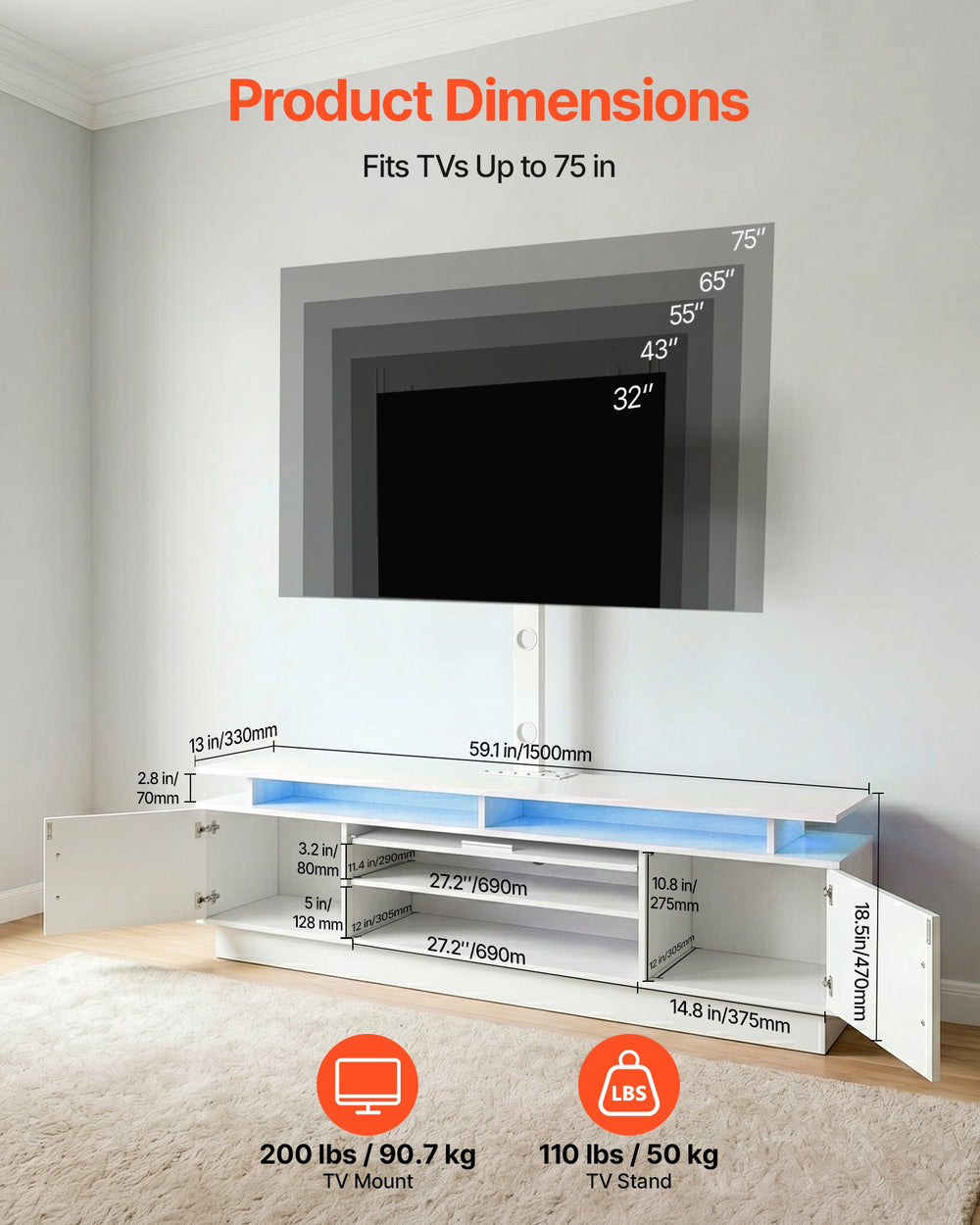 VEVOR TV Stand with Mount, 59.1 Inch, Swivel TV Stand Console with Power Outlet, for 32-75 Inch TVs, Height Adjustable Modern Entertainment Center with Storage & LED Lights, for Living Room, White
