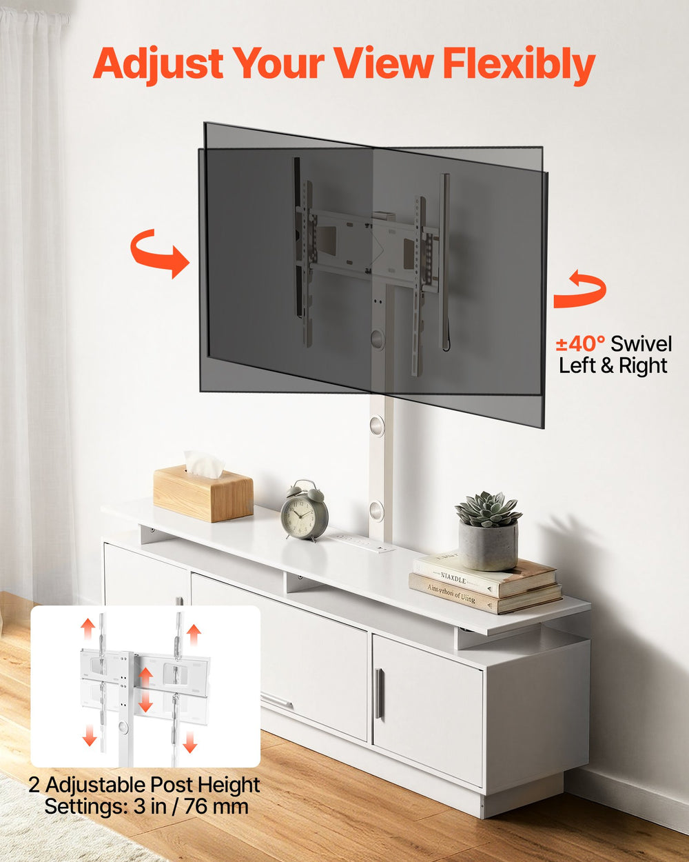 VEVOR TV Stand with Mount, 59.1 Inch, Swivel TV Stand Console with Power Outlet, for 32-75 Inch TVs, Height Adjustable Modern Entertainment Center with Storage & LED Lights, for Living Room, White