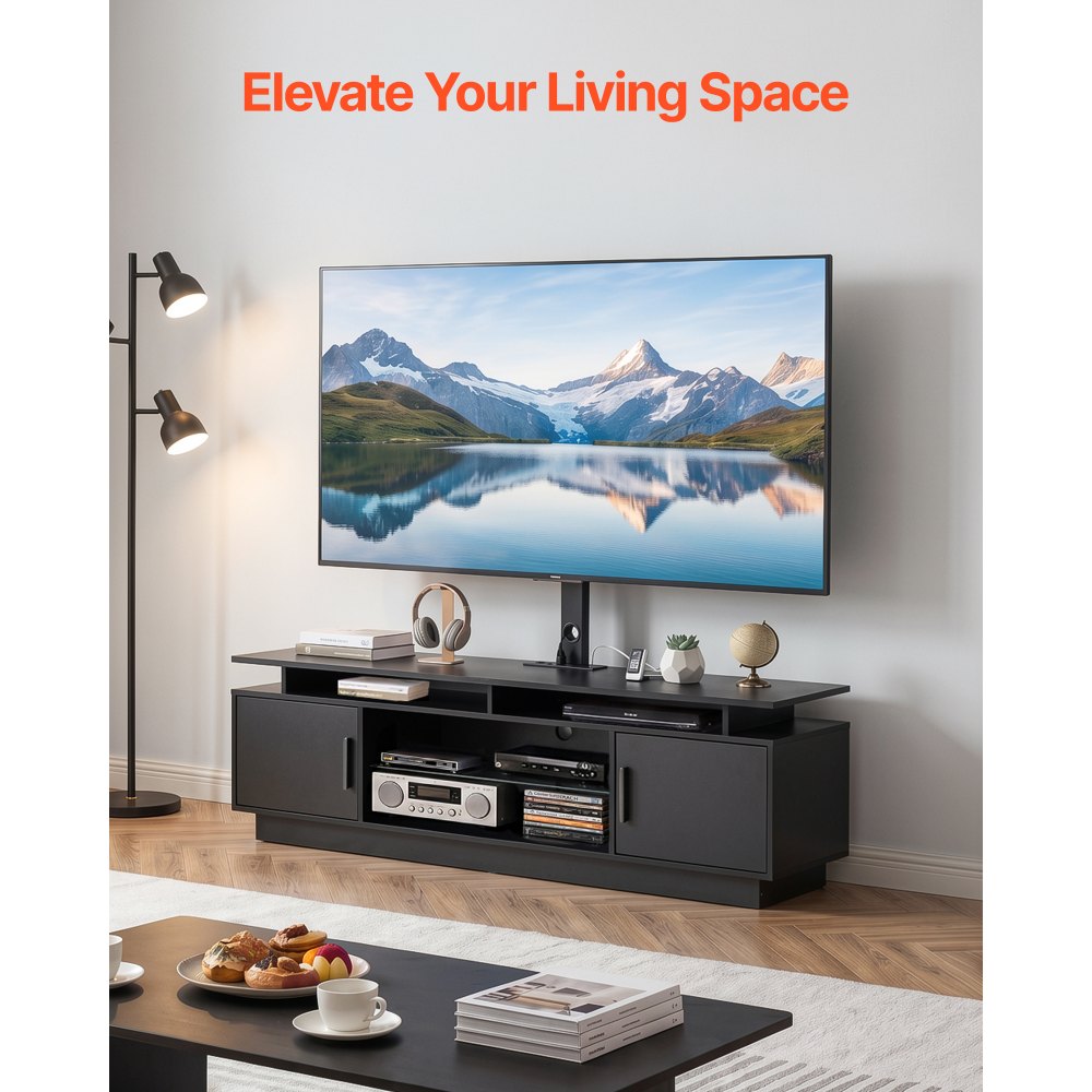 VEVOR TV Stand with Mount, 59.1 Inch, Swivel TV Stand Console with Power Outlet, for 32-75 Inch TVs, Height Adjustable Modern Entertainment Center with Storage & LED Lights, for Living Room, Black