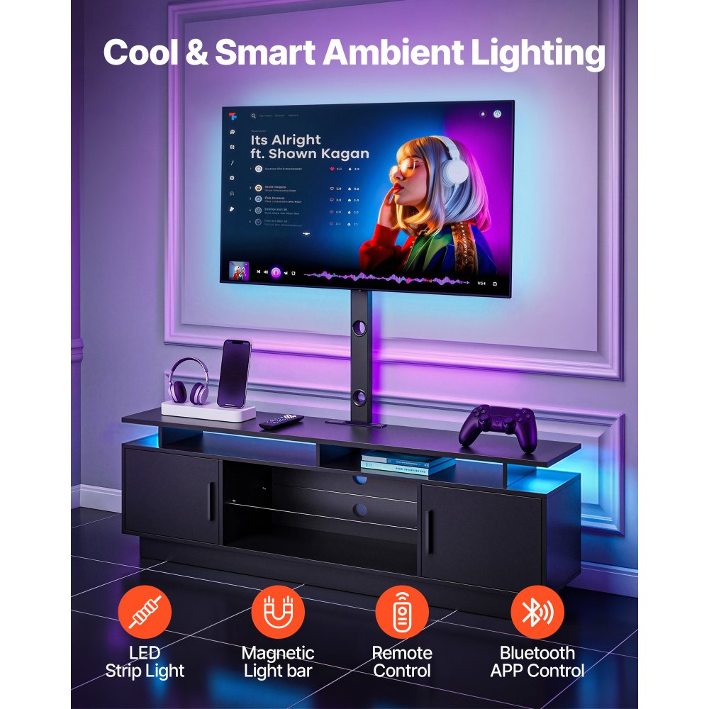 VEVOR TV Stand with Mount, 59.1 Inch, Swivel TV Stand Console with Power Outlet, for 32-75 Inch TVs, Height Adjustable Modern Entertainment Center with Storage & LED Lights, for Living Room, Black