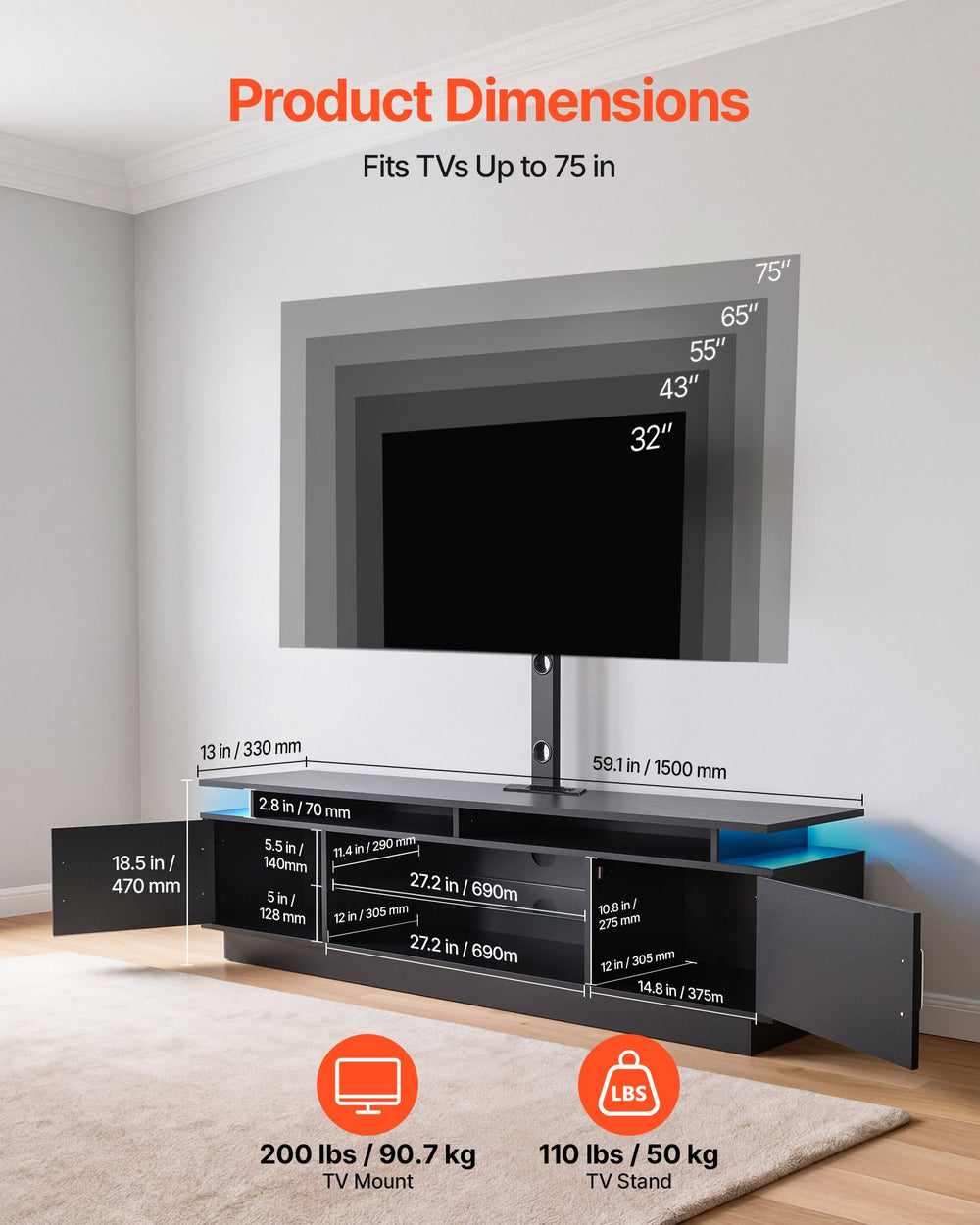 VEVOR TV Stand with Mount, 59.1 Inch, Swivel TV Stand Console with Power Outlet, for 32-75 Inch TVs, Height Adjustable Modern Entertainment Center with Storage & LED Lights, for Living Room, Black