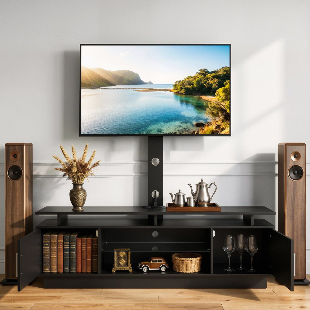 VEVOR TV Stand with Mount, 59.1 Inch, Swivel TV Stand Console with Power Outlet, for 32-75 Inch TVs, Height Adjustable Modern Entertainment Center with Storage & LED Lights, for Living Room, Black