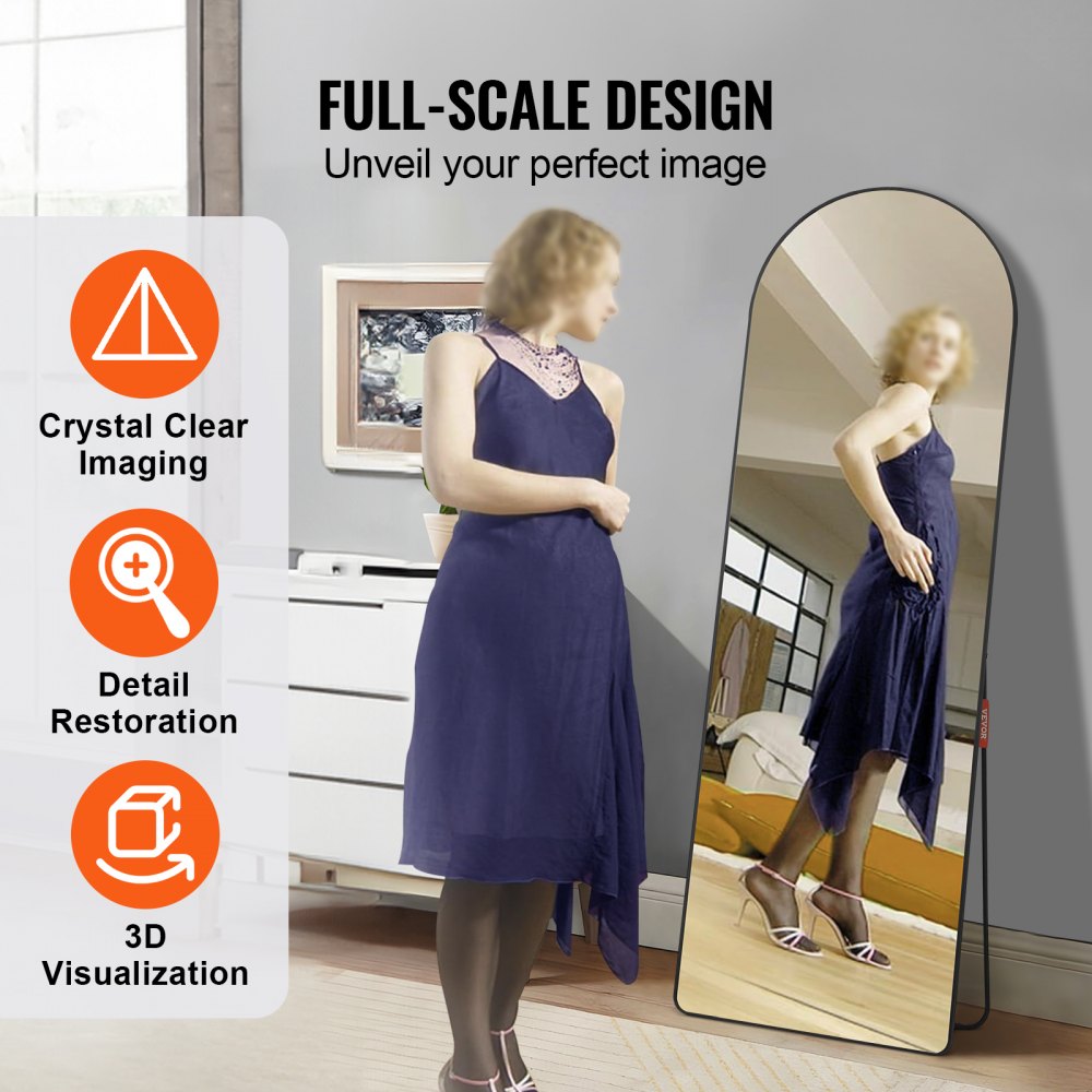 VEVOR Curved Tall Mirror, 65'' x 22'', Spacious Standalone or Wall Mount Reflective Surface with Aluminum Frame, Comprehensive View Dress Mirror for Bedroom or Living Space, Black