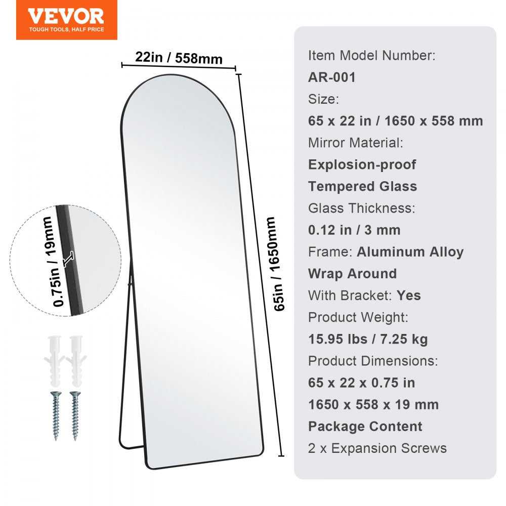 VEVOR Curved Tall Mirror, 65'' x 22'', Spacious Standalone or Wall Mount Reflective Surface with Aluminum Frame, Comprehensive View Dress Mirror for Bedroom or Living Space, Black