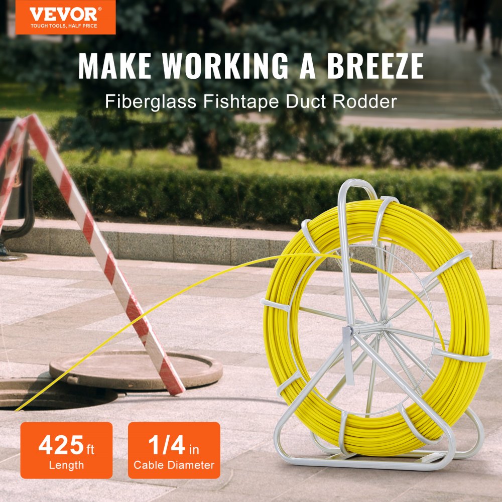 VEVOR Fish Tape Fiberglass, 425 ft, 1/4 inch, Duct Rodder Fishtape Wire Puller, Cable Running Rod with Steel Reel Stand, 3 Pulling Heads, Fishing Tools for Walls and Electrical Conduit, Non-Conductive