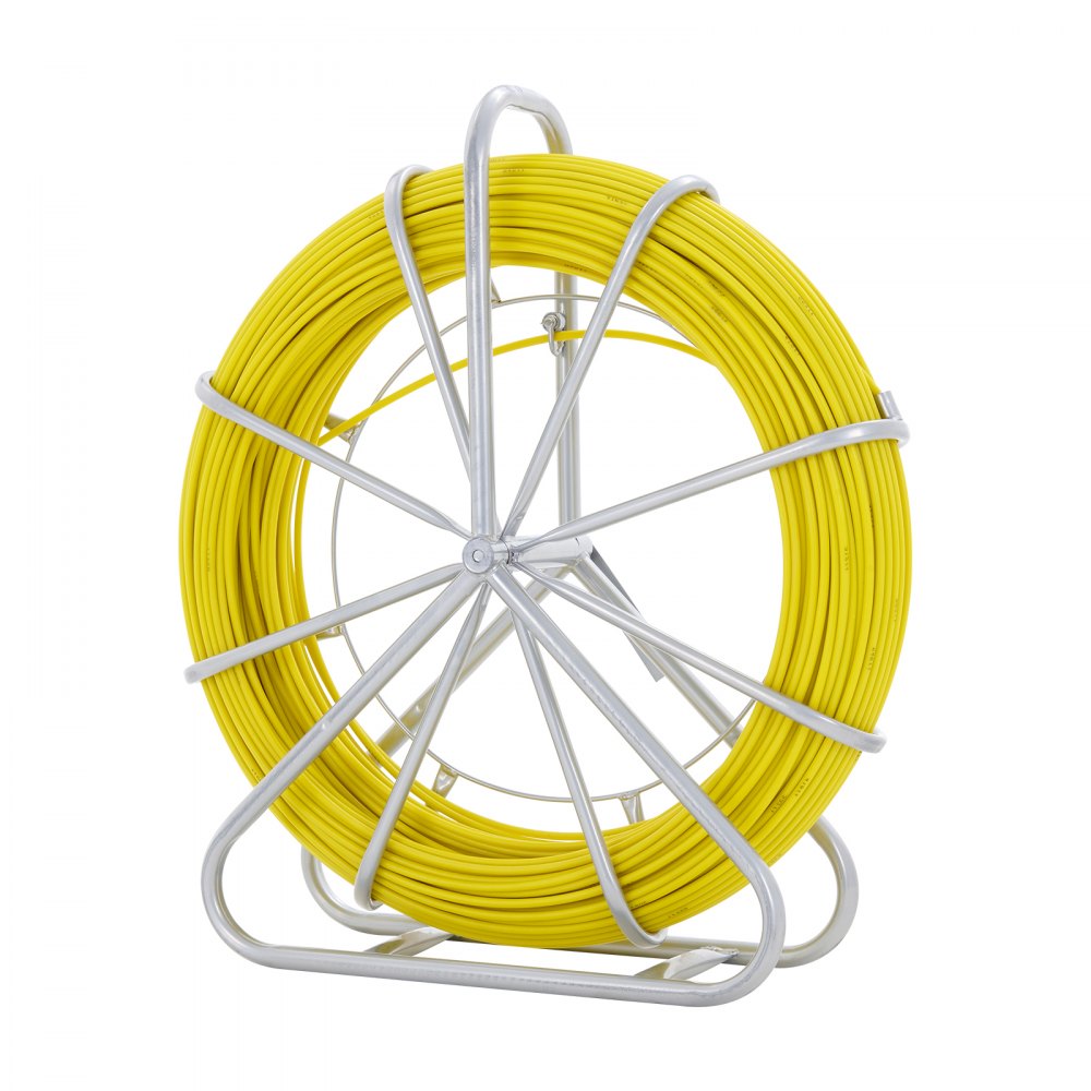 VEVOR Fish Tape Fiberglass, 425 ft, 1/4 inch, Duct Rodder Fishtape Wire Puller, Cable Running Rod with Steel Reel Stand, 3 Pulling Heads, Fishing Tools for Walls and Electrical Conduit, Non-Conductive