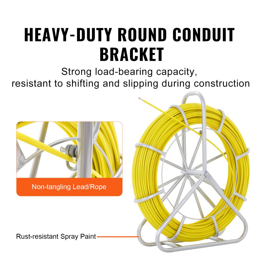 VEVOR Fish Tape Fiberglass, 656 ft, 1/4 inch, Duct Rodder Fishtape Wire Puller, Cable Running Rod with Steel Reel Stand, 3 Pulling Heads, Fishing Tools for Walls and Electrical Conduit, Non-Conductive