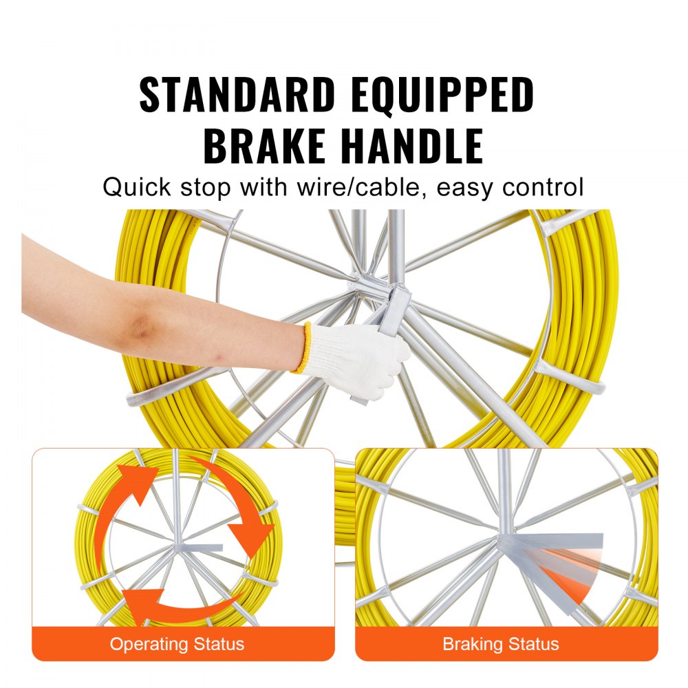 VEVOR Fish Tape Fiberglass, 656 ft, 1/4 inch, Duct Rodder Fishtape Wire Puller, Cable Running Rod with Steel Reel Stand, 3 Pulling Heads, Fishing Tools for Walls and Electrical Conduit, Non-Conductive