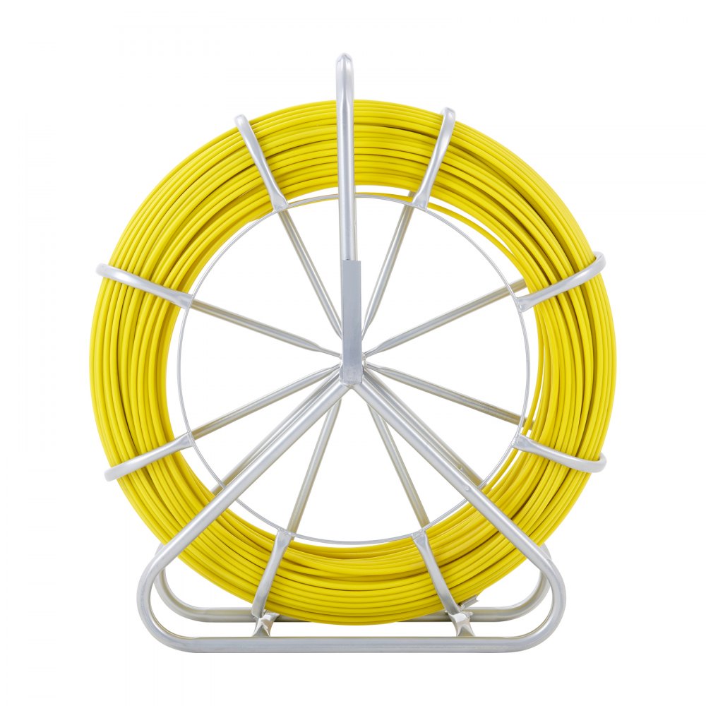 VEVOR Fish Tape Fiberglass, 656 ft, 1/4 inch, Duct Rodder Fishtape Wire Puller, Cable Running Rod with Steel Reel Stand, 3 Pulling Heads, Fishing Tools for Walls and Electrical Conduit, Non-Conductive