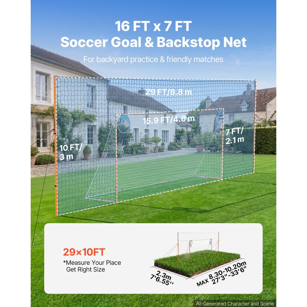 VEVOR Soccer Goal 16 x 7 FT Soccer Goal for Backyard with Iron Frame PE Net, Durable Backstop, Target Net, Ground Stakes, Ropes, for Youth & Adults, Outdoor Sports, Backyard Games, Practice Training
