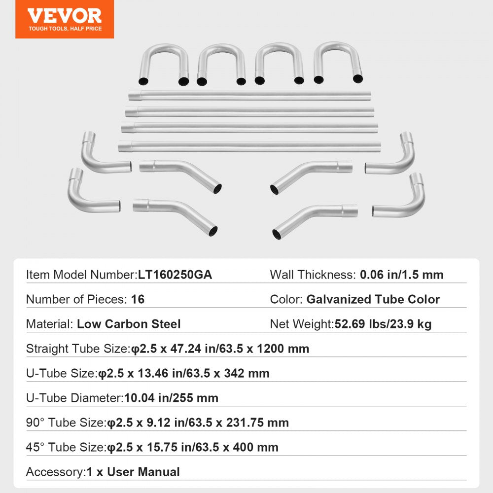 VEVOR Exhaust Kit, 16pcs, DIY Universal Galvanized Steel Exhaust Kit with Slip-Fit Joint & Large Exhaust Tube, Rust-Proof Exhaust Pipe for Exhaust System, Fit for Garage/Auto Repair Store/4S Store