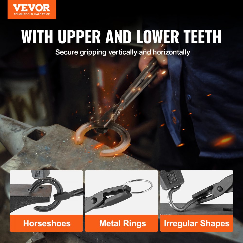 VEVOR Blacksmith Tongs, 18” Wolf Jaw Tongs, Carbon Steel Forge Tongs with A3 Steel Rivets, for Horseshoes, Curved Shapes, Block Forgings, for Beginner and Seasoned Blacksmiths and Bladesmiths