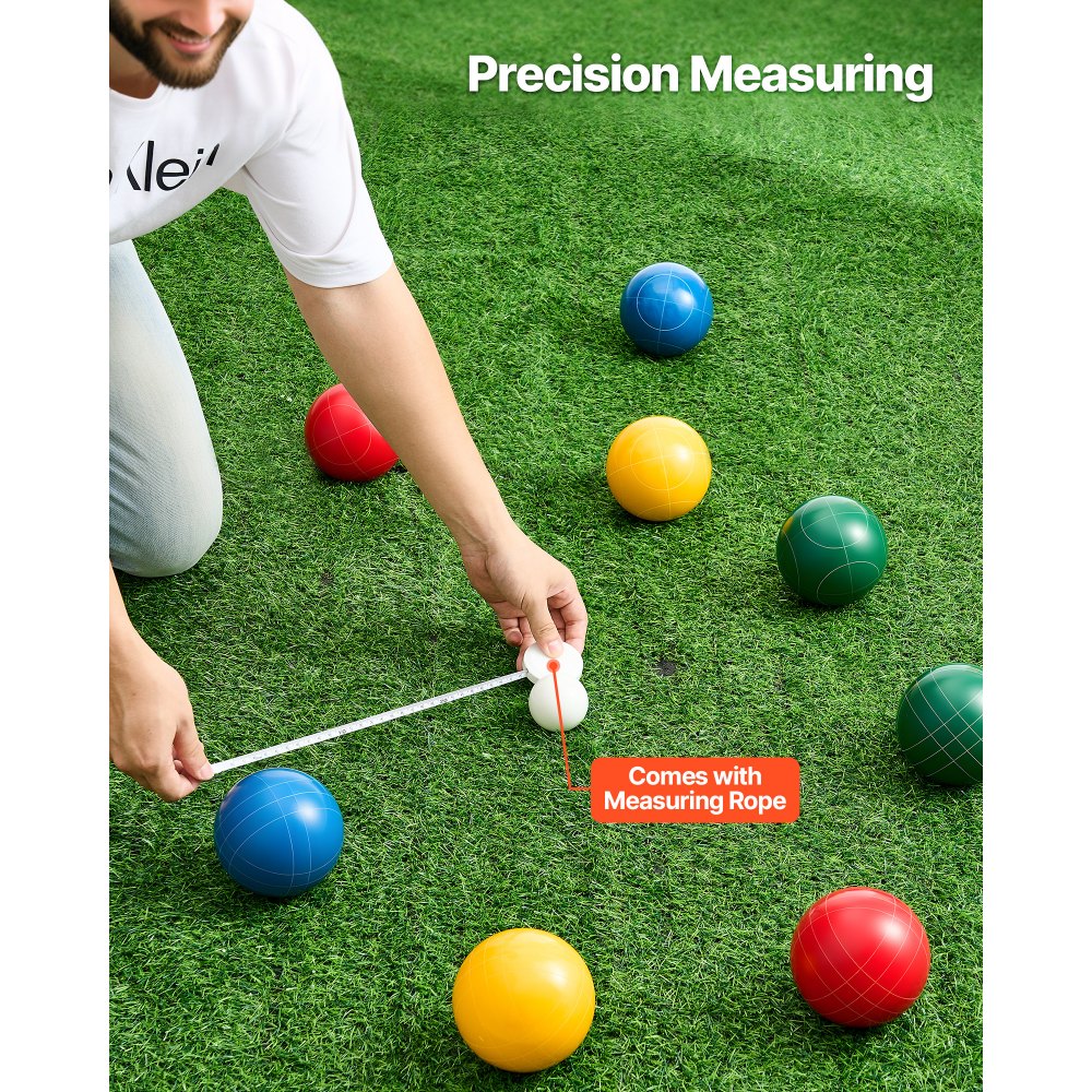 VEVOR Bocce Ball Set, 100 mm, with 8 Resin Balls, Pallino, Carrying Bag and Measuring Rope, Red/Green/Blue/Yellow 4 Colors, for 2 to 8 Players, Bocce Ball Game Set for Beach, Lawn, Family Backyard