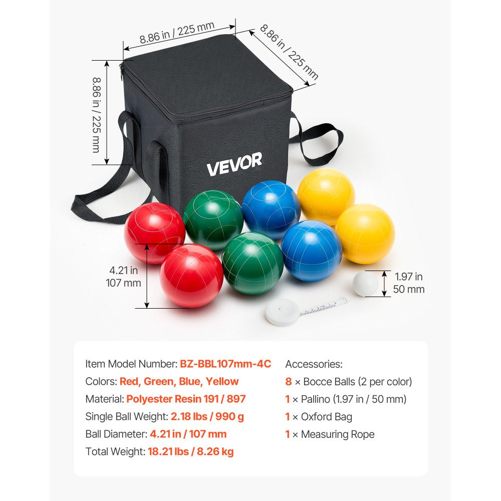 VEVOR Bocce Ball Set, 107 mm, with 8 Resin Balls, Pallino, Carrying Bag and Measuring Rope, Red/Green/Blue/Yellow 4 Colors, for 2 to 8 Players, Bocce Ball Game Set for Beach, Lawn, Family Backyard