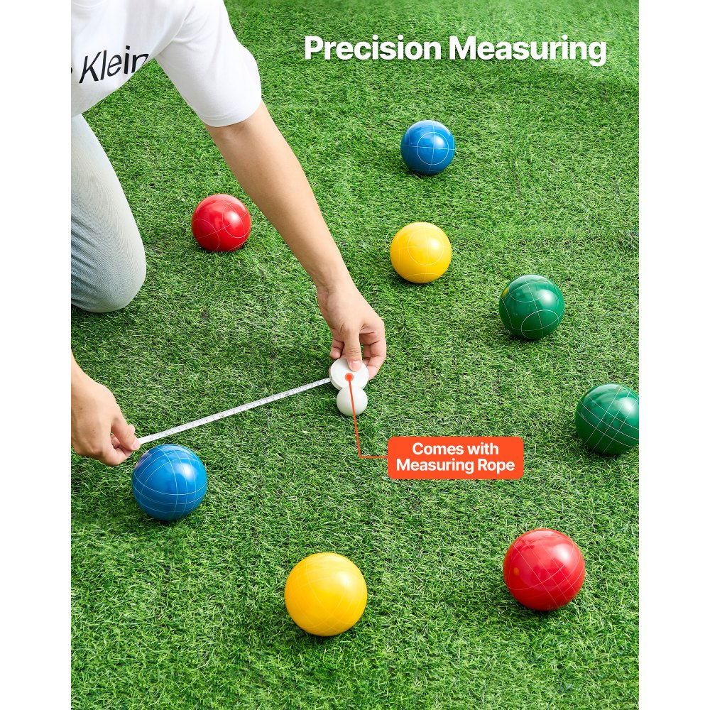 VEVOR Bocce Ball Set, 90 mm, with 8 Resin Balls, Pallino, Carrying Bag and Measuring Rope, Red/Green/Blue/Yellow 4 Colors, for 2 to 8 Players, Bocce Ball Game Set for Beach, Lawn, Family Backyard