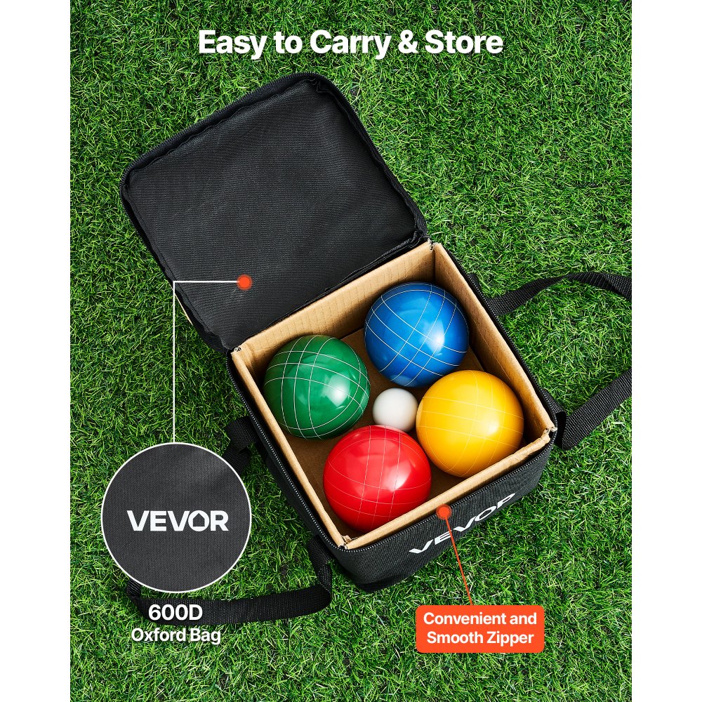 VEVOR Bocce Ball Set, 90 mm, with 8 Resin Balls, Pallino, Carrying Bag and Measuring Rope, Red/Green/Blue/Yellow 4 Colors, for 2 to 8 Players, Bocce Ball Game Set for Beach, Lawn, Family Backyard