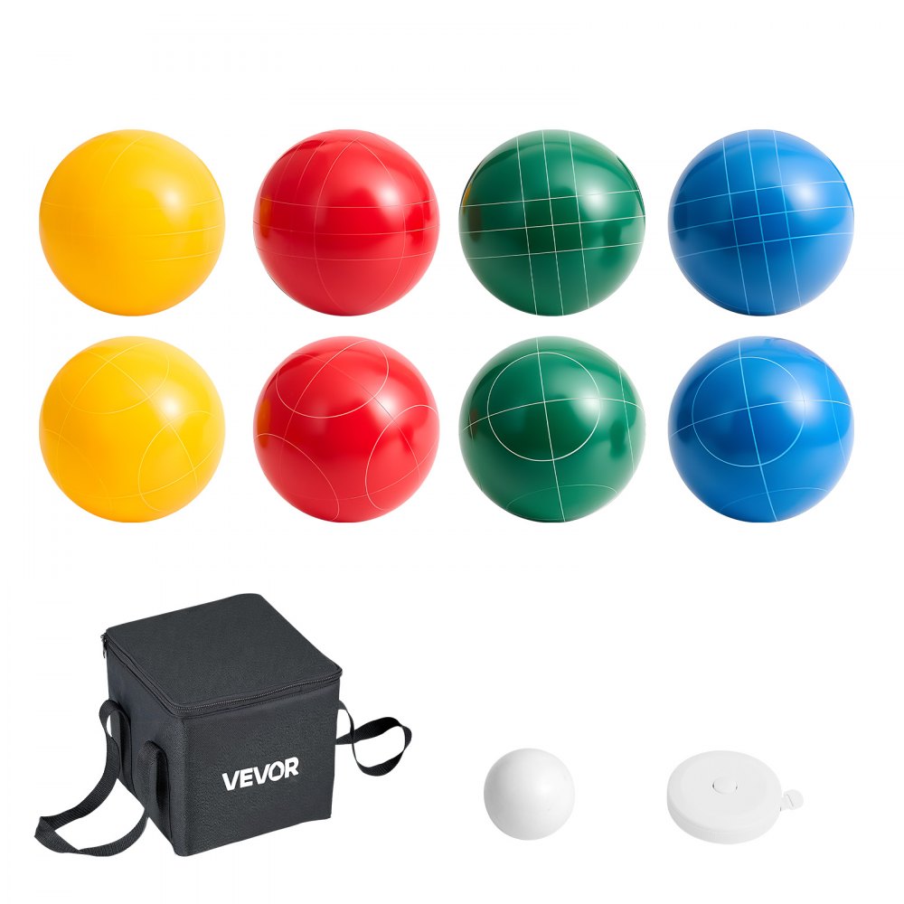 VEVOR Bocce Ball Set, 90 mm, with 8 Resin Balls, Pallino, Carrying Bag and Measuring Rope, Red/Green/Blue/Yellow 4 Colors, for 2 to 8 Players, Bocce Ball Game Set for Beach, Lawn, Family Backyard