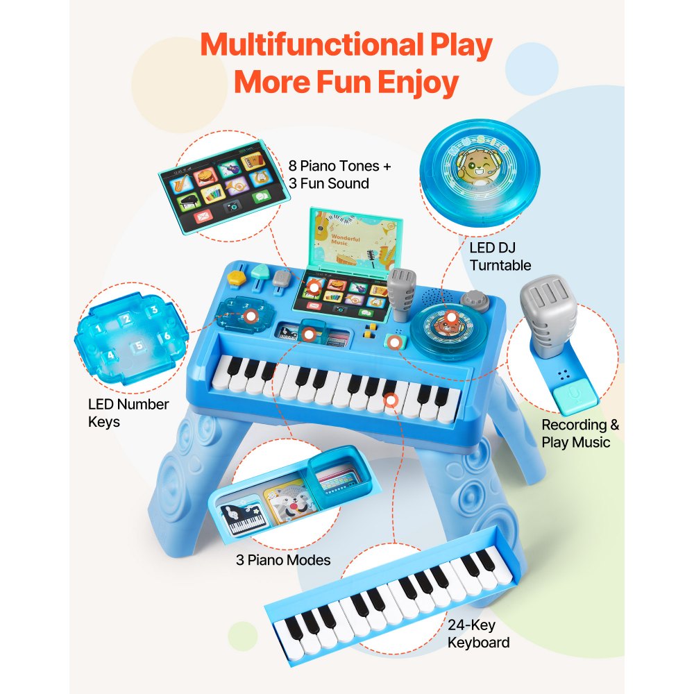 VEVOR Baby DJ Playset for Toddlers 1-3, Educational Musical Table Toys with 133 Sound Sources, Recording and LED DJ Turntable, Baby Activity Table for Birthday, Gift for Kids Aged 6+ Months