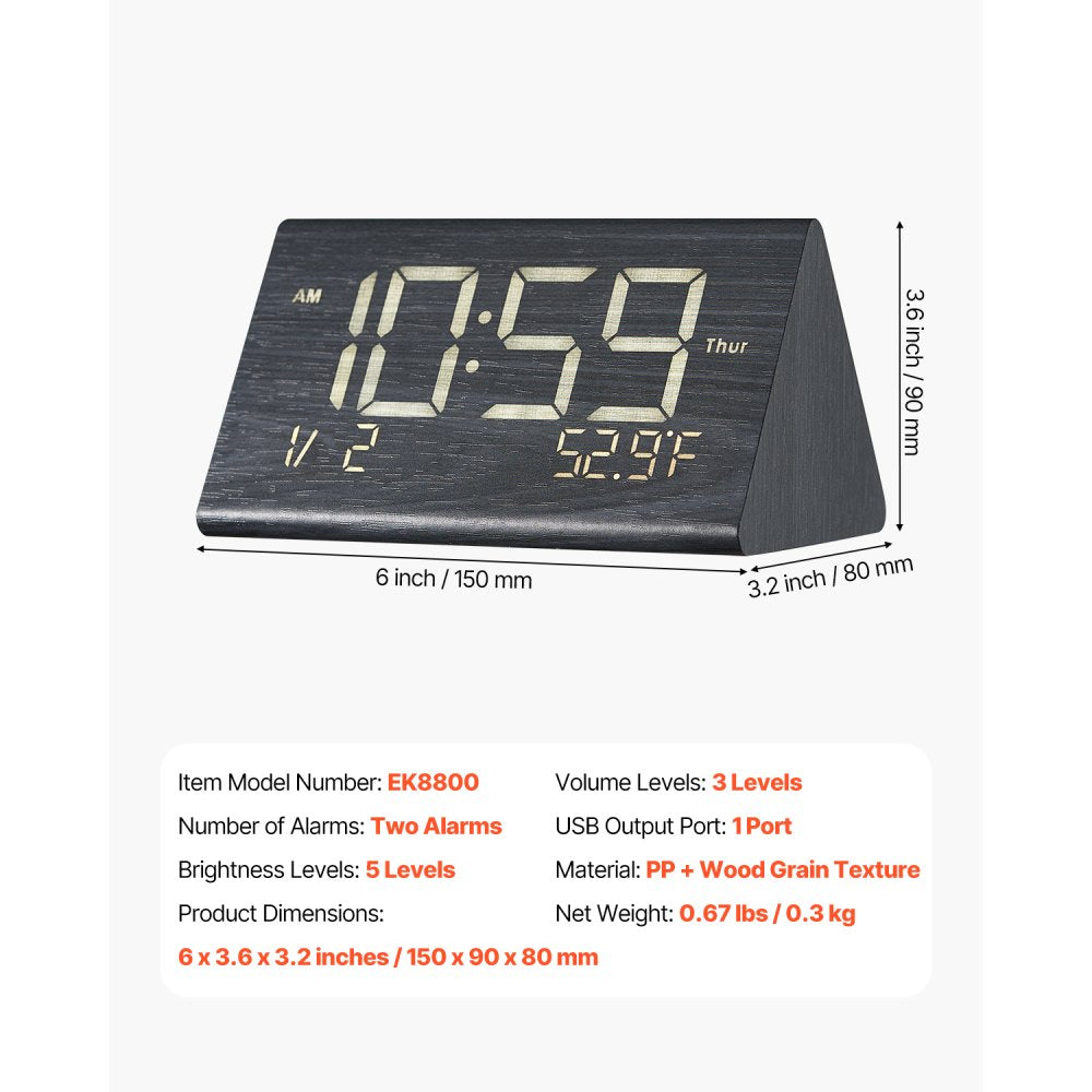 VEVOR Digital Alarm Clock, Wooden Desk Clock with Dual Alarm, USB Port, Snooze, Night Light, Voice Control, Adjustable Volume, Bedside Desktop Clock with Charger for Bedroom, Kitchen, Office, Black