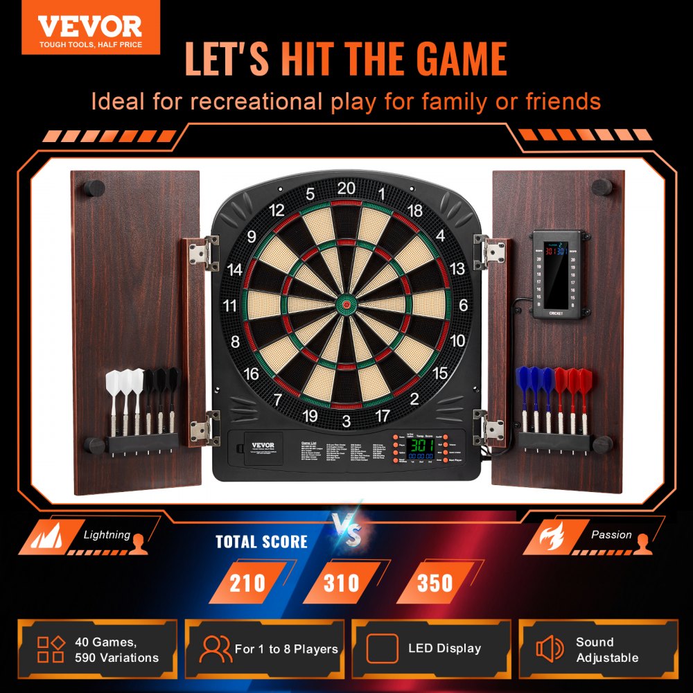 VEVOR Dartboard and Cabinet Set, Ready-to-Play Bundle Dartboard Cabinet Set, Hideaway Cabinet Features Electronic Scoring, Easy Assembly, Complete with All Accessories, Perfect for Cricket Games