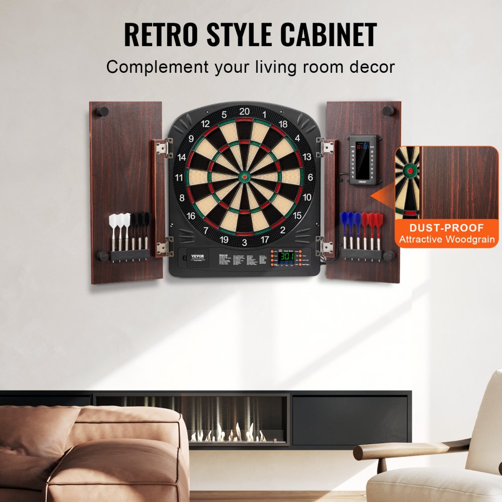 VEVOR Dartboard and Cabinet Set, Ready-to-Play Bundle Dartboard Cabinet Set, Hideaway Cabinet Features Electronic Scoring, Easy Assembly, Complete with All Accessories, Perfect for Cricket Games