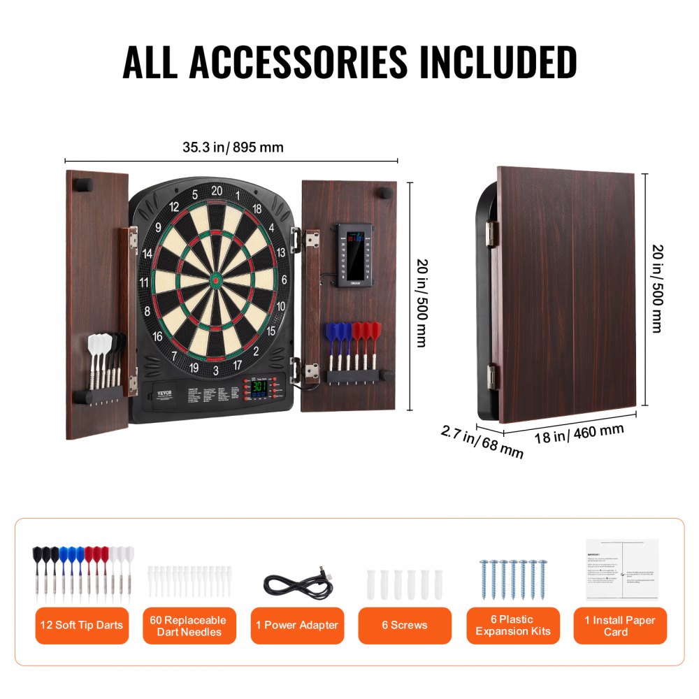 VEVOR Dartboard and Cabinet Set, Ready-to-Play Bundle Dartboard Cabinet Set, Hideaway Cabinet Features Electronic Scoring, Easy Assembly, Complete with All Accessories, Perfect for Cricket Games