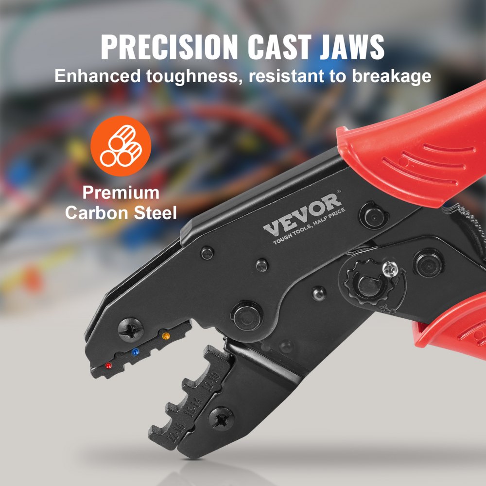 VEVOR Ratcheting Crimping Tool Set For Insulated Electrical Connectors AWG22-10 with Wire Stripper and 210pcs Heat Shrink Tubes Labor-Saving Ratcheting Wire Crimp Pliers