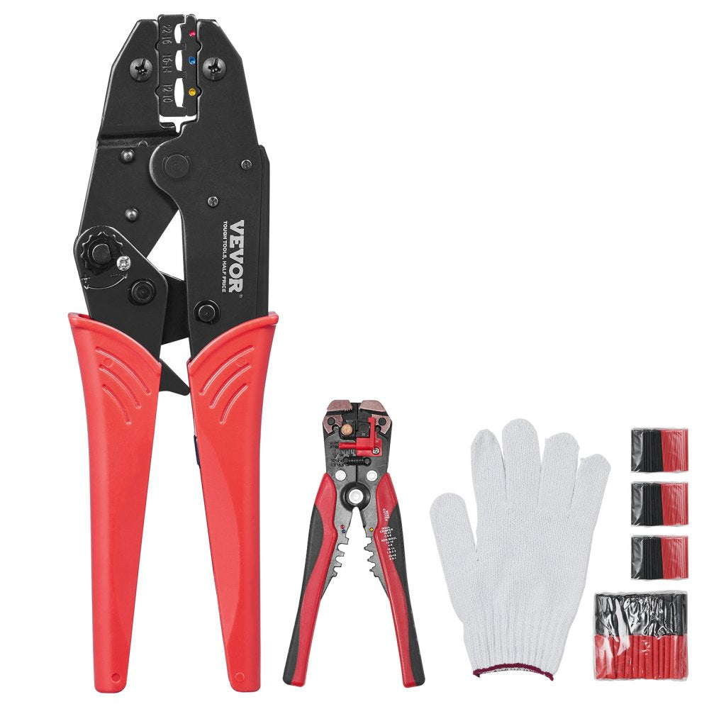 VEVOR Ratcheting Crimping Tool Set For Insulated Electrical Connectors AWG22-10 with Wire Stripper and 210pcs Heat Shrink Tubes Labor-Saving Ratcheting Wire Crimp Pliers