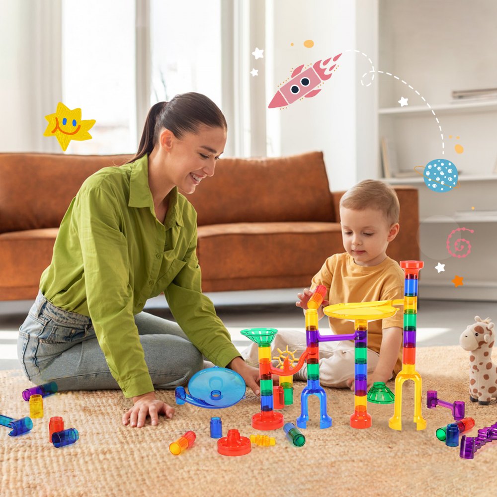 VEVOR Marble Run Set, 150 Piece Marble Maze Building Block Brain Game, with 10 Glow in the Dark Marbles + 40 Glass Marbles, Educational Learning Race Track STEM Toys, for Kids, Boys, Girls Ages 3 +