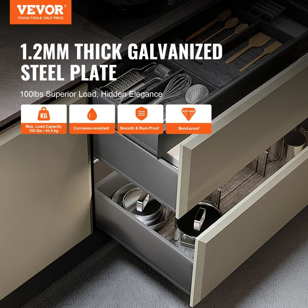 VEVOR 10 Pairs of 21 Inch Drawer Bottom Side Mount Rails, Heavy Duty Full Ball Bearing Extension Steel Track, Soft-Close Noiseless Guide Glides Cabinet Kitchen Runners with Locking Mechanism, 100 Lbs