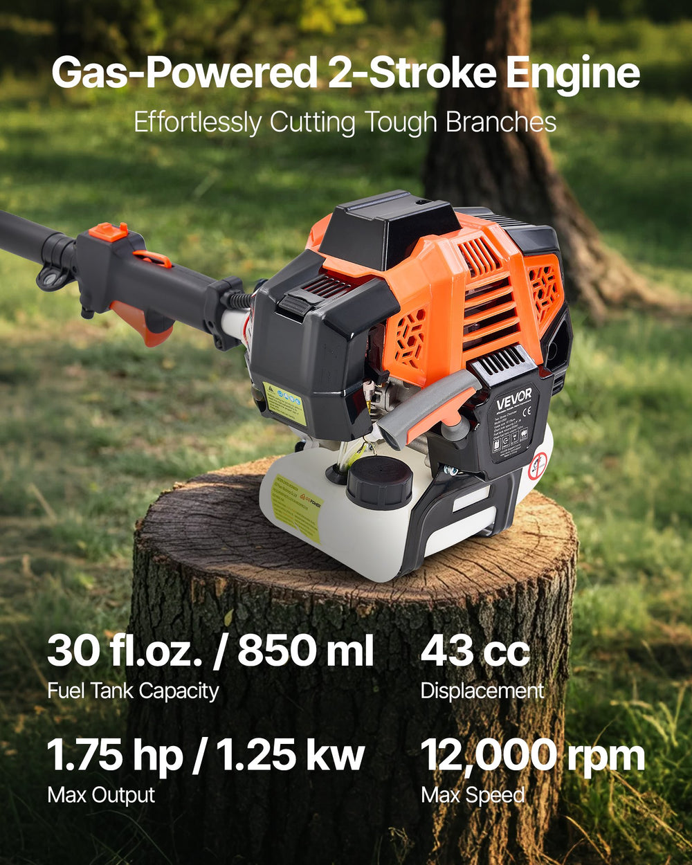 VEVOR Gas Pole Saw, 43CC 2 Stroke Gas Powered Pole Saws with 12 in Cutting Bar, Cordless Tree Trimmer with Rotatable Head, 7.1 to 12 ft Extendable, Powerful Chainsaw for Tree Trimming Pruning