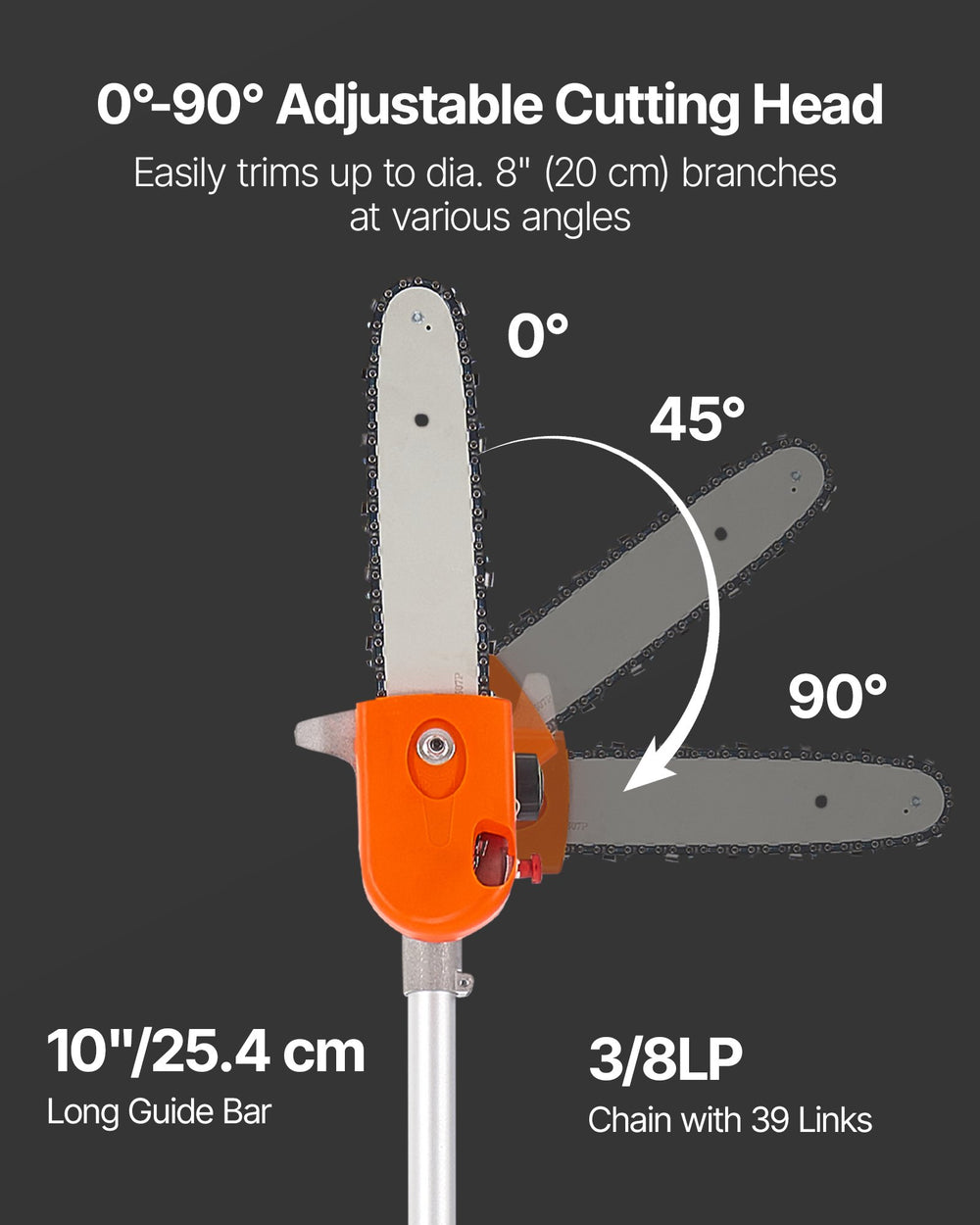 VEVOR Gas Pole Saw, 43CC 2 Stroke Gas Powered Pole Saws with 10 in Cutting Bar, Cordless Tree Trimmer with Rotatable Head, 6.9 to 11.8 ft Extendable, Powerful Chainsaw for Tree Trimming Pruning