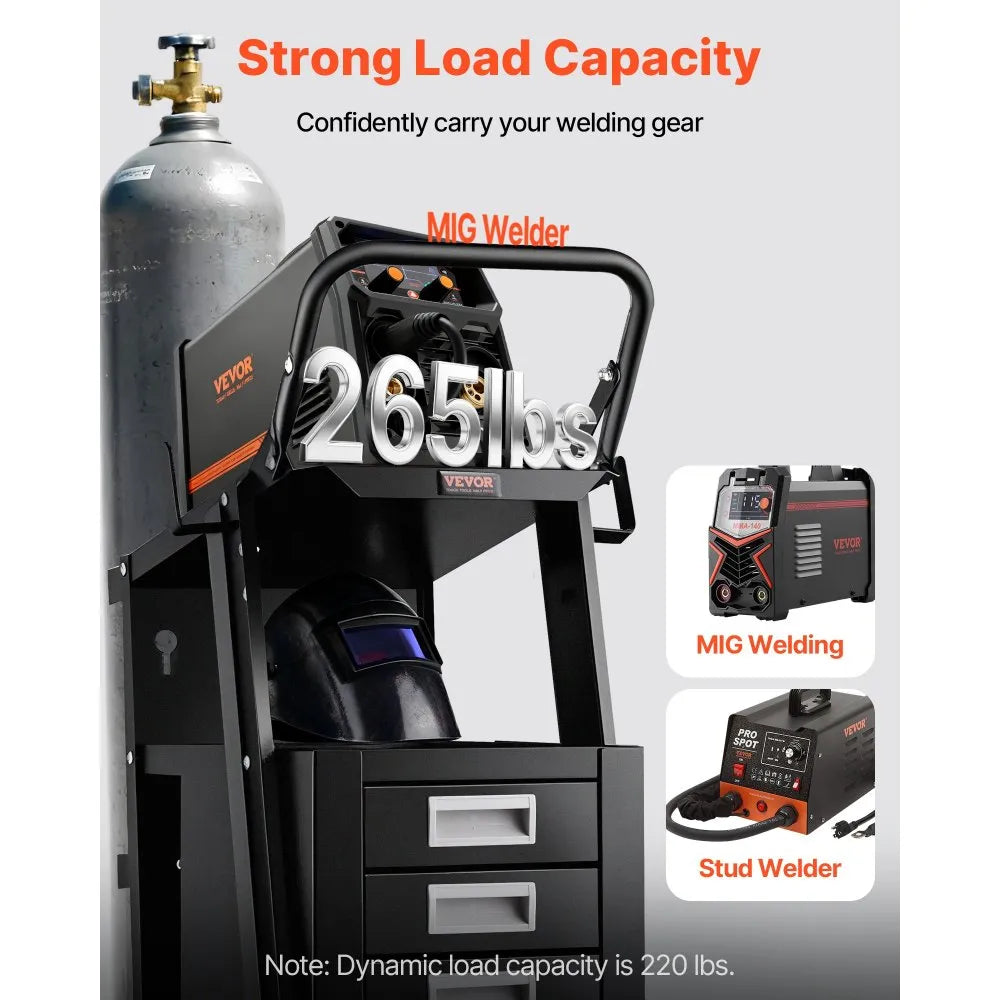VEVOR Welding Cart, 2-Tier 4 Drawers Welder Cart with 265 LBS Weight Capacity, 360° Swivel Wheels, Tank Storage Safety Chains, Heavy Duty Rolling MIG Welder Cart for Mig Welder and Plasma Cutter