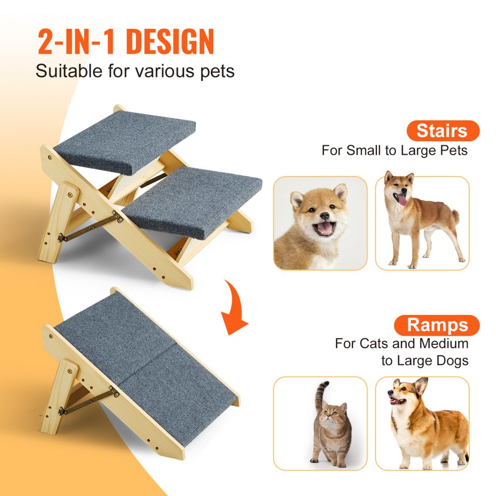 VEVOR Wooden Pet Steps, Convertible 2-in-1 Dog Stairs and Ramp for Beds, Sofas, and Vehicles, Supports Small to Large Animals up to 110 lbs, Foldable Design for Easy Storage