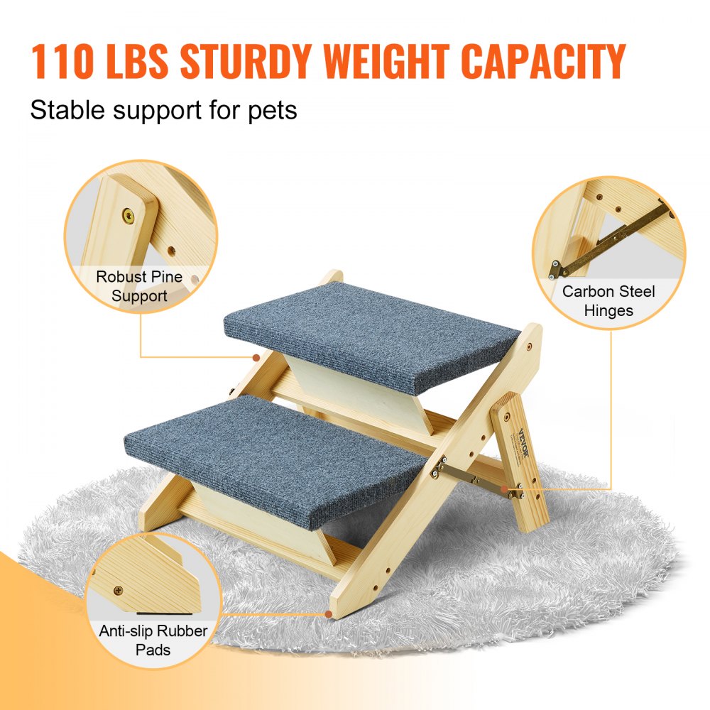 VEVOR Wooden Pet Steps, Convertible 2-in-1 Dog Stairs and Ramp for Beds, Sofas, and Vehicles, Supports Small to Large Animals up to 110 lbs, Foldable Design for Easy Storage