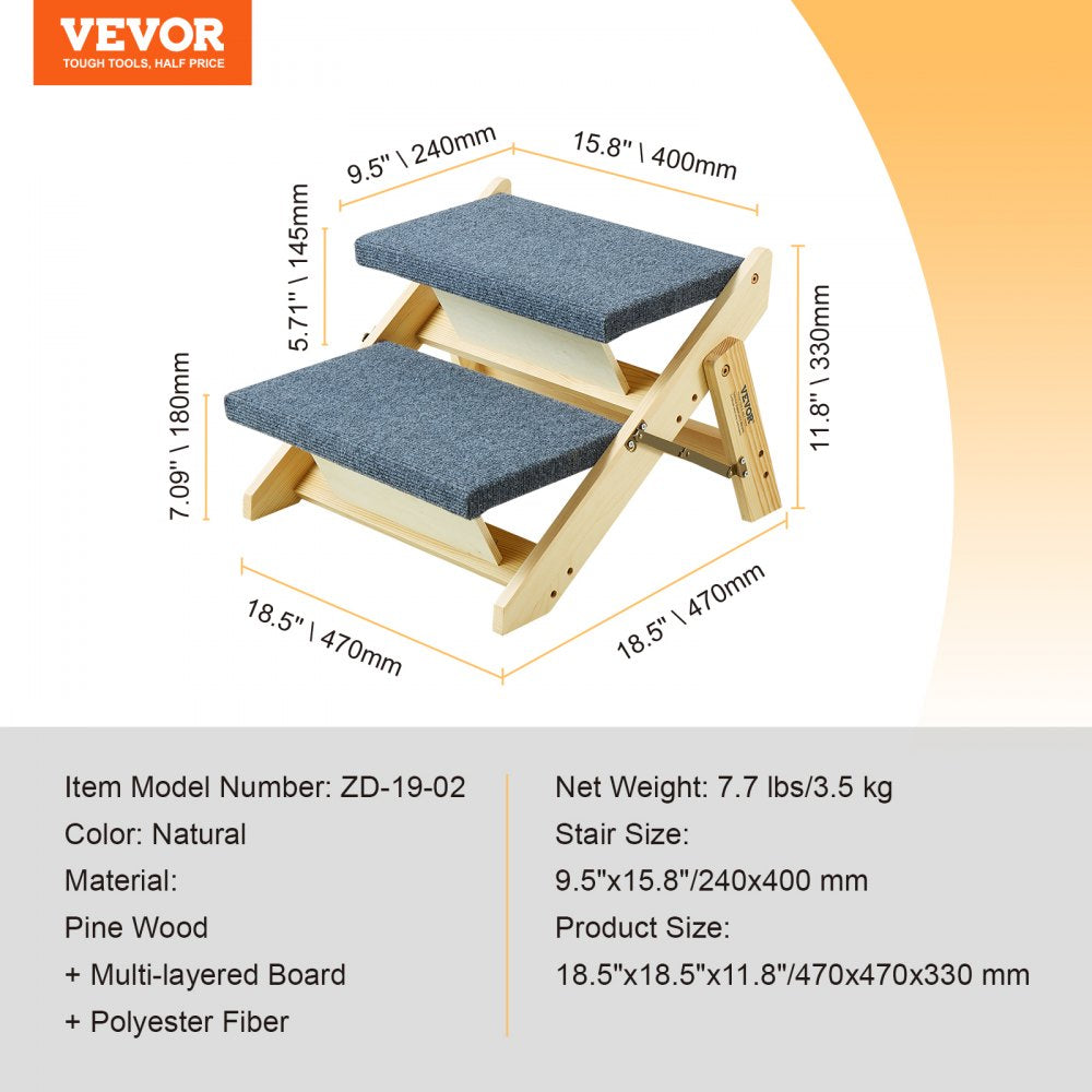 VEVOR Wooden Pet Steps, Convertible 2-in-1 Dog Stairs and Ramp for Beds, Sofas, and Vehicles, Supports Small to Large Animals up to 110 lbs, Foldable Design for Easy Storage