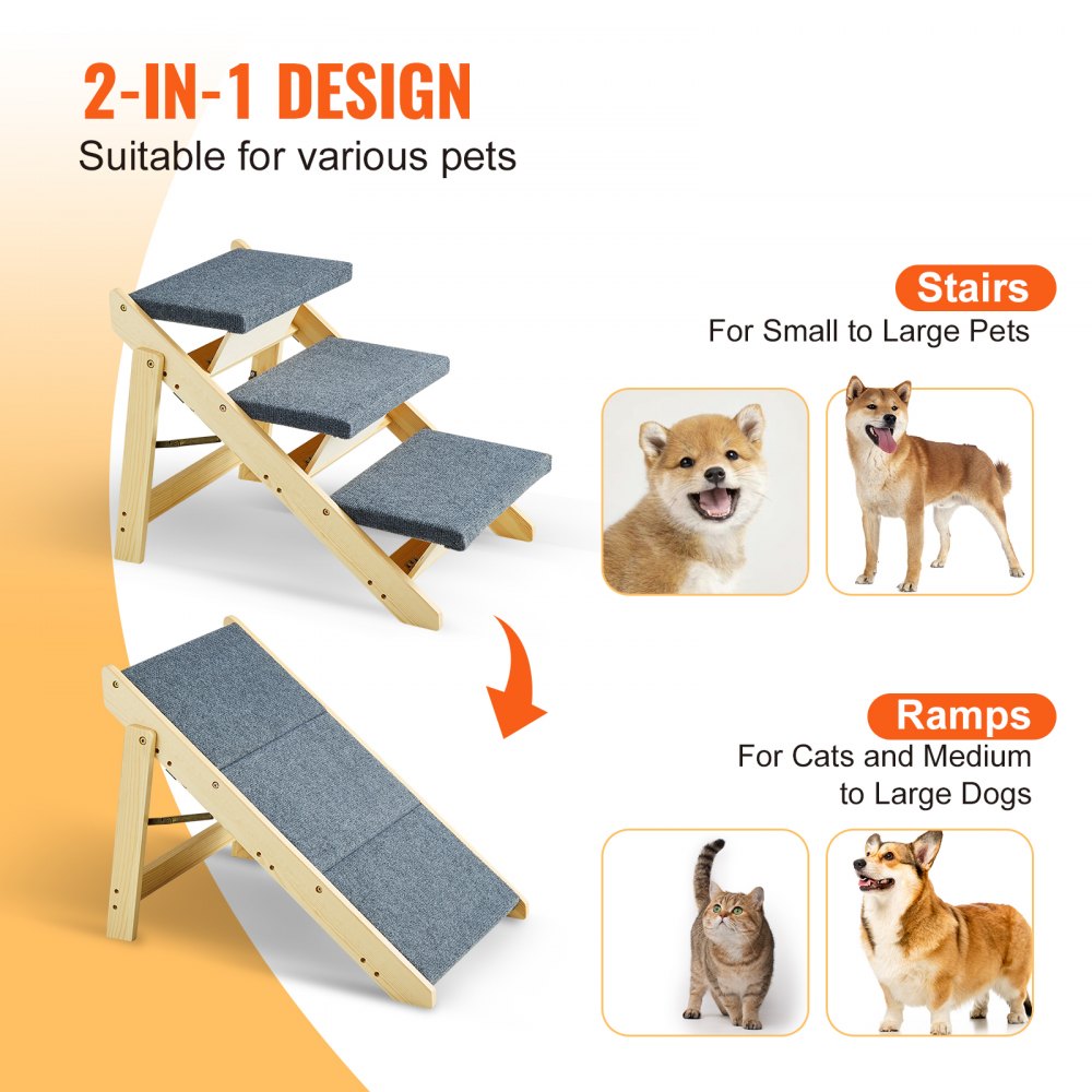 VEVOR Wooden Pet Steps, Convertible 2-in-1 Dog Staircase & Ramp for Access to Beds, Sofas, and Vehicles, Three-Step Design Supports Pets up to 150 lbs, Ideal for Small to Large Breeds