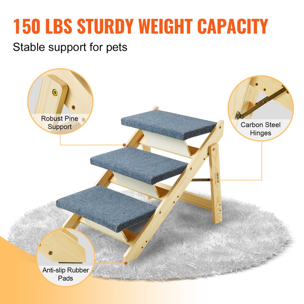 VEVOR Wooden Pet Steps, Convertible 2-in-1 Dog Staircase & Ramp for Access to Beds, Sofas, and Vehicles, Three-Step Design Supports Pets up to 150 lbs, Ideal for Small to Large Breeds