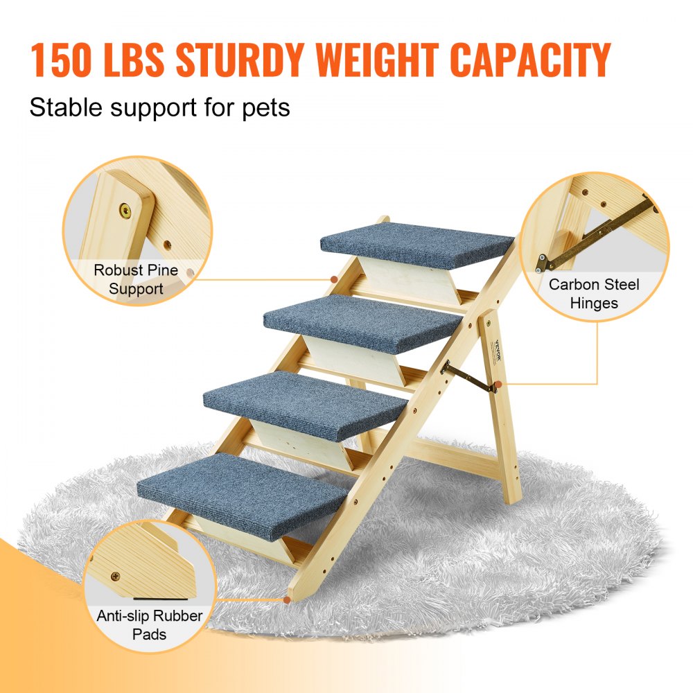 VEVOR Wooden Pet Steps and Ramp Combo, 2-in-1 Design, Foldable Access for Beds, Sofas, and Vehicles, 4-Step Structure for Pets of Small to Large Size, Supports up to 150 lbs