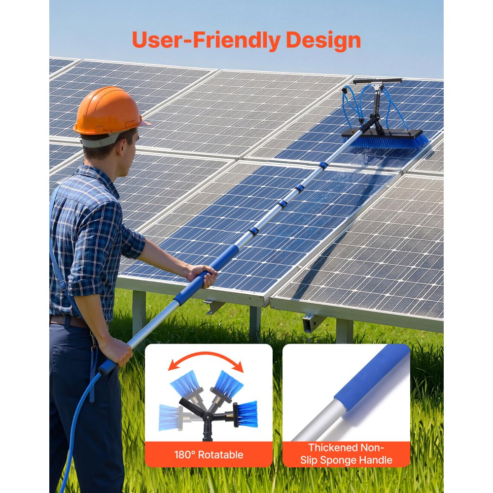 VEVOR Solar Panel Cleaning Kit, 15 ft, Water Fed Pole Kit with Cleaning Brush, Squeegee, Soap Dispenser, Extendable Aluminum Telescopic Pole, 180° Rotatable Brush Head, for Roof Mounted Solar Panels