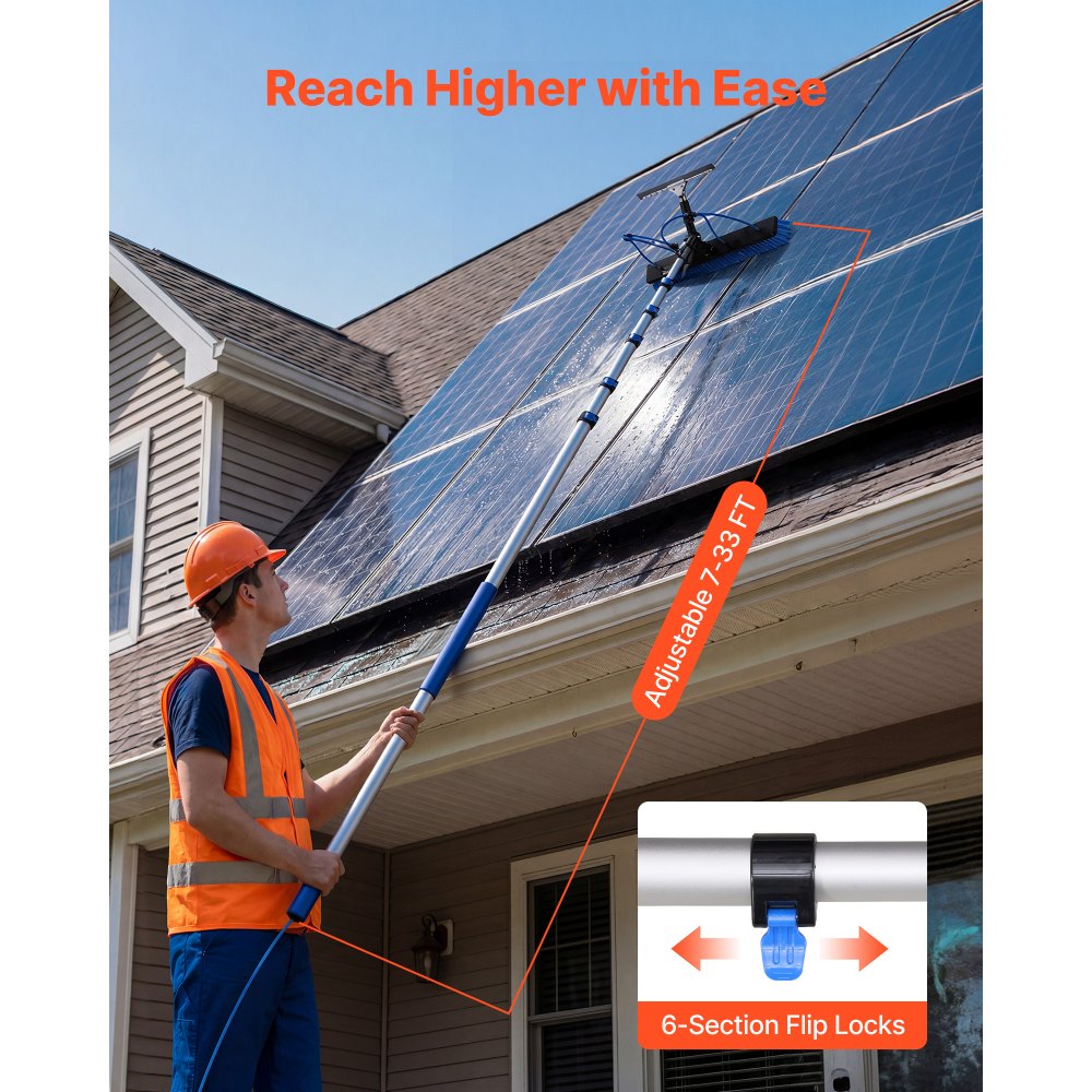 VEVOR Solar Panel Cleaning Kit, 33 ft, Water Fed Pole Kit with Cleaning Brush, Squeegee, Soap Dispenser, Extendable Aluminum Telescopic Pole, 180° Rotatable Brush Head, for Roof Mounted Solar Panels