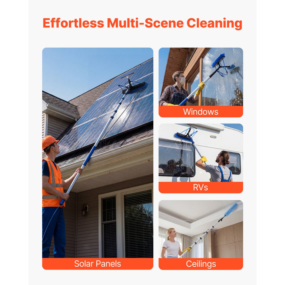VEVOR Solar Panel Cleaning Kit, 33 ft, Water Fed Pole Kit with Cleaning Brush, Squeegee, Soap Dispenser, Extendable Aluminum Telescopic Pole, 180° Rotatable Brush Head, for Roof Mounted Solar Panels