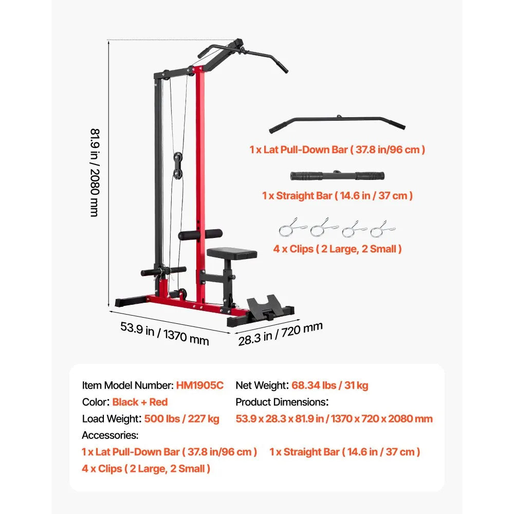 VEVOR LAT Pull Down Machine, 2-in-1 Row Cable Machine, Cable Machines Home Gym with 3-Level Adjustable Seat, 4-Level Adjustable Foam Roller, Load 500 lbs Lat Tower for Back, Chest, Tricep, Black Red