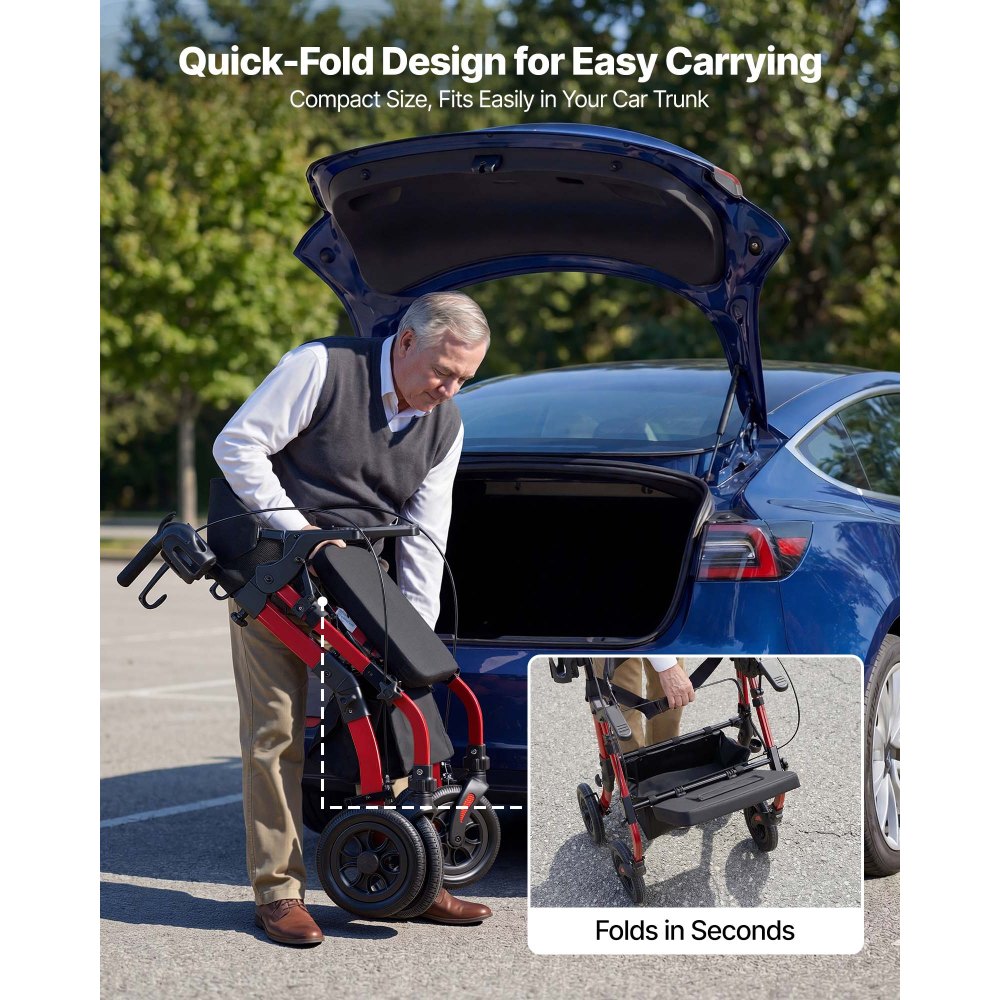 VEVOR 2-in-1 Rollator Walker & Transport Chair for Seniors, Foldable Rolling Walker Wheelchair, Lightweight Aluminum Mobility Walking Aid with Solid PU Wheels, Cup & Cane Holder - Supports 300LBS