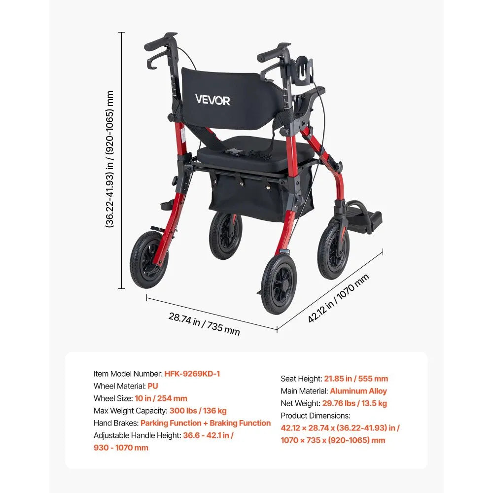 VEVOR 2-in-1 Rollator Walker & Transport Chair for Seniors, Foldable Rolling Walker Wheelchair, Lightweight Aluminum Mobility Walking Aid with Solid PU Wheels, Cup & Cane Holder - Supports 300LBS
