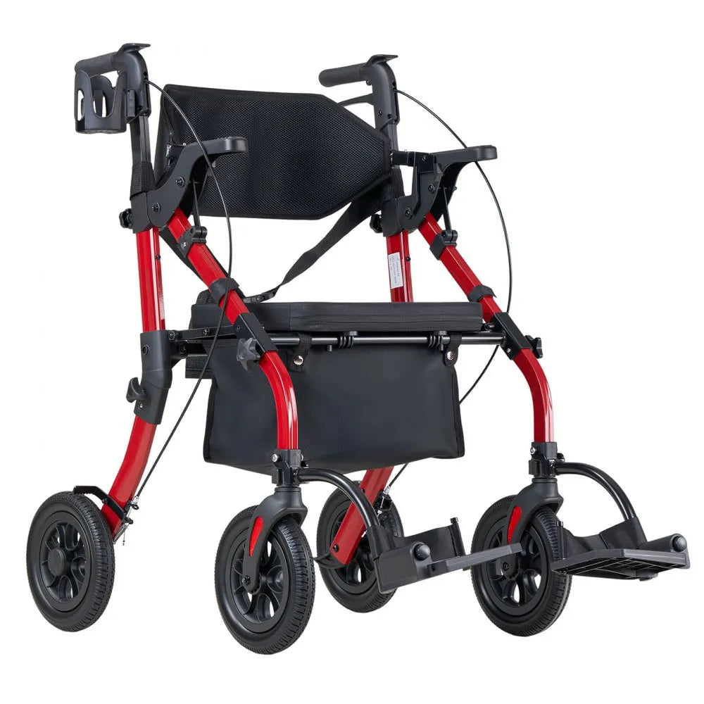 VEVOR 2-in-1 Rollator Walker & Transport Chair for Seniors, Foldable Rolling Walker Wheelchair, Lightweight Aluminum Mobility Walking Aid with Solid PU Wheels, Cup & Cane Holder - Supports 300LBS